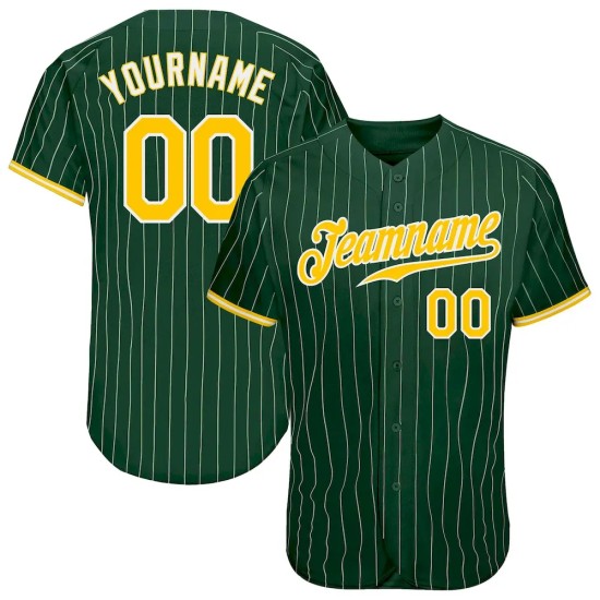 Custom Green White Pinstripe Gold-White Authentic Baseball Jersey Custom Green White Pinstripe Gold-White Authentic Baseball Jersey