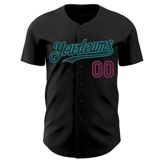 Custom Black Hot Pink-Teal Authentic Baseball Jersey