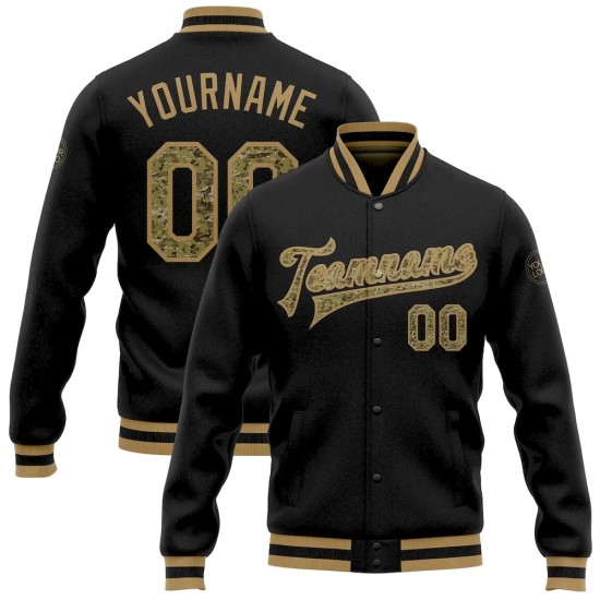 Custom Black Camo-Old Gold Bomber Full-Snap Varsity Letterman Jacket Custom Black Camo-Old Gold Bomber Full-Snap Varsity Letterman Jacket
