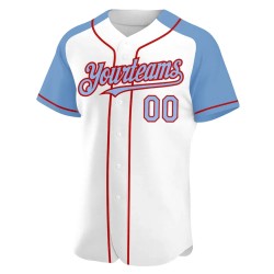 Custom White Light Blue-Red Authentic Raglan Sleeves Baseball Jersey Custom White Light Blue-Red Authentic Raglan Sleeves Baseball Jersey