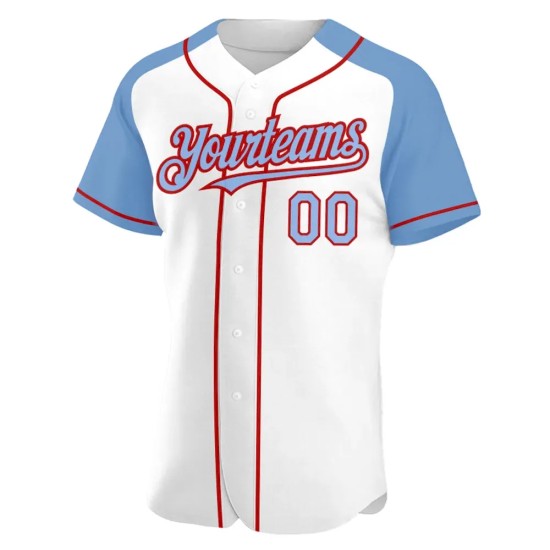 Custom White Light Blue-Red Authentic Raglan Sleeves Baseball Jersey Custom White Light Blue-Red Authentic Raglan Sleeves Baseball Jersey