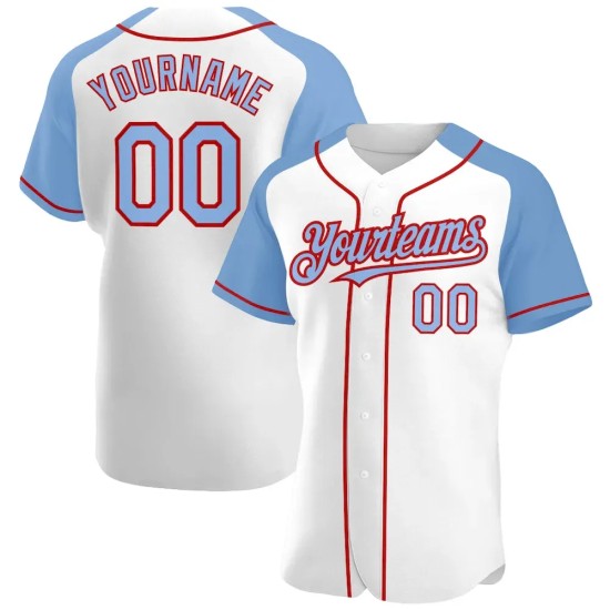 Custom White Light Blue-Red Authentic Raglan Sleeves Baseball Jersey Custom White Light Blue-Red Authentic Raglan Sleeves Baseball Jersey