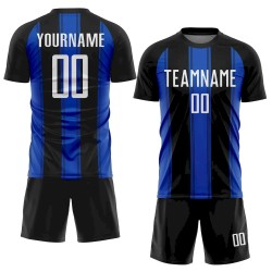 Custom Black White-Thunder Blue Line Sublimation Soccer Uniform Jersey Custom Black White-Thunder Blue Line Sublimation Soccer Uniform Jersey
