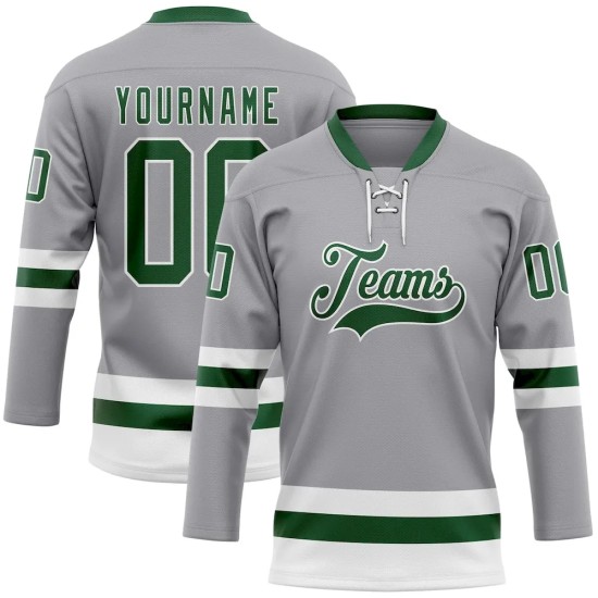 Custom Gray Green-White Hockey Lace Neck Jersey Custom Gray Green-White Hockey Lace Neck Jersey