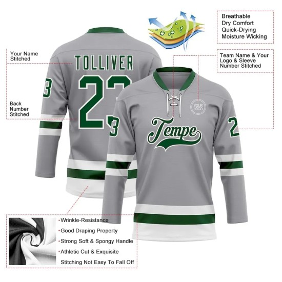Custom Gray Green-White Hockey Lace Neck Jersey Custom Gray Green-White Hockey Lace Neck Jersey