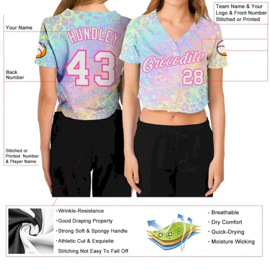 Custom Women's Pink White Leopard 3D V-Neck Cropped Baseball Jersey Custom Women's Pink White Leopard 3D V-Neck Cropped Baseball Jersey