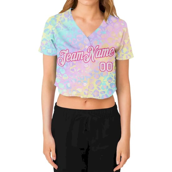 Custom Women's Pink White Leopard 3D V-Neck Cropped Baseball Jersey Custom Women's Pink White Leopard 3D V-Neck Cropped Baseball Jersey