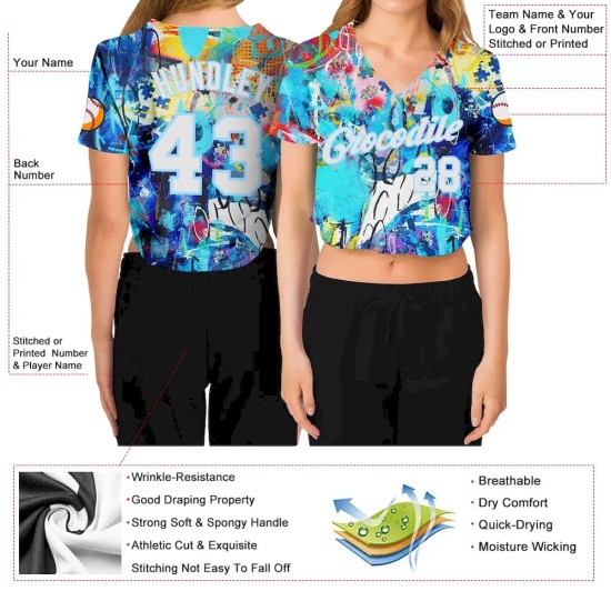 Custom Women's Graffiti Pattern White-Light Blue Multi Colored Mixed Media Art 3D V-Neck Cropped Baseball Jersey Custom Women's Graffiti Pattern White-Light Blue Multi Colored Mixed Media Art 3D V-Neck Cropped Baseball Jersey