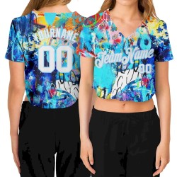 Custom Women's Graffiti Pattern White-Light Blue Multi Colored Mixed Media Art 3D V-Neck Cropped Baseball Jersey