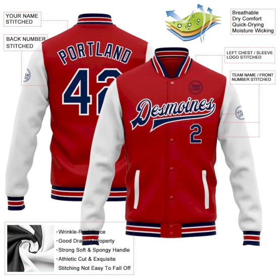 Custom Red Navy-White Bomber Full-Snap Varsity Letterman Two Tone Jacket
