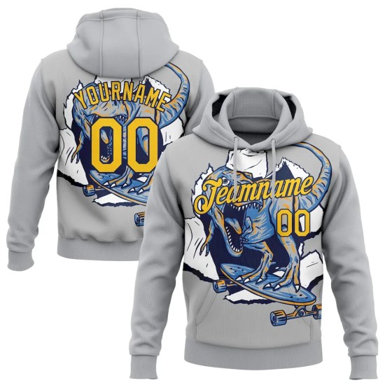 Custom Stitched Light Gray Yellow-Navy 3D Pattern Design Dinosaur Sports Pullover Sweatshirt Hoodie Custom Stitched Light Gray Yellow-Navy 3D Pattern Design Dinosaur Sports Pullover Sweatshirt Hoodie