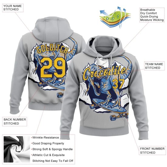 Custom Stitched Light Gray Yellow-Navy 3D Pattern Design Dinosaur Sports Pullover Sweatshirt Hoodie Custom Stitched Light Gray Yellow-Navy 3D Pattern Design Dinosaur Sports Pullover Sweatshirt Hoodie