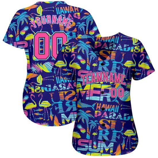 Custom 3D Pattern Design Abstract Geometric Pattern With Palm Trees Sharks Flamingo With The Words:Summer Hawaii Authentic Baseball Jersey Custom 3D Pattern Design Abstract Geometric Pattern With Palm Trees Sharks Flamingo With The Words:Summer Hawaii Authentic Baseball Jersey