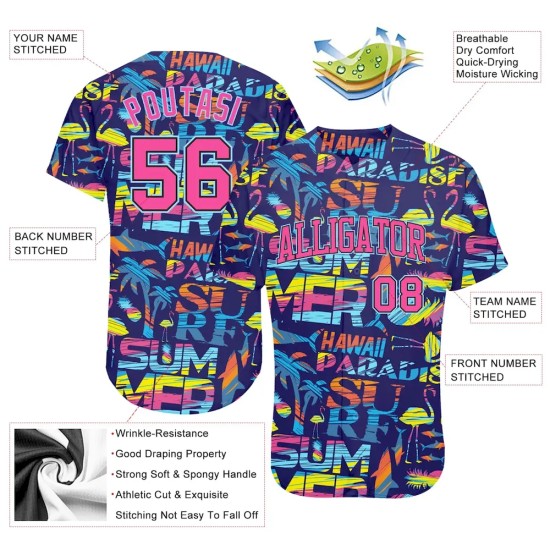 Custom 3D Pattern Design Abstract Geometric Pattern With Palm Trees Sharks Flamingo With The Words:Summer Hawaii Authentic Baseball Jersey Custom 3D Pattern Design Abstract Geometric Pattern With Palm Trees Sharks Flamingo With The Words:Summer Hawaii Authentic Baseball Jersey