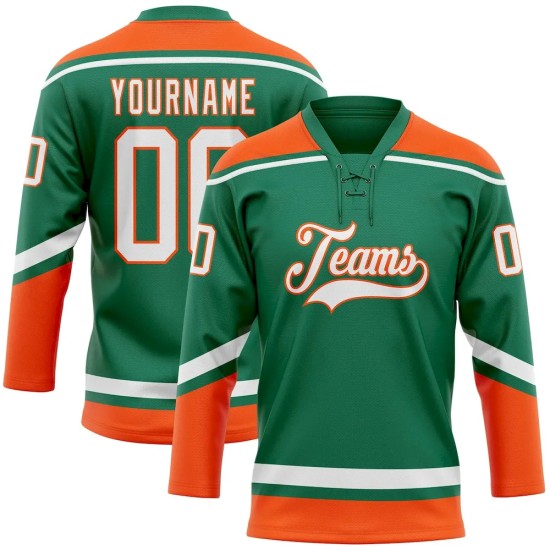 Custom Kelly Green White-Orange Hockey Lace Neck Jersey Custom Kelly Green White-Orange Hockey Lace Neck Jersey