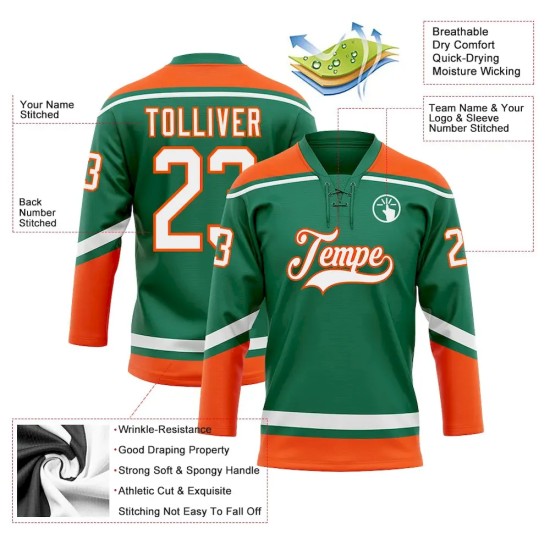 Custom Kelly Green White-Orange Hockey Lace Neck Jersey Custom Kelly Green White-Orange Hockey Lace Neck Jersey