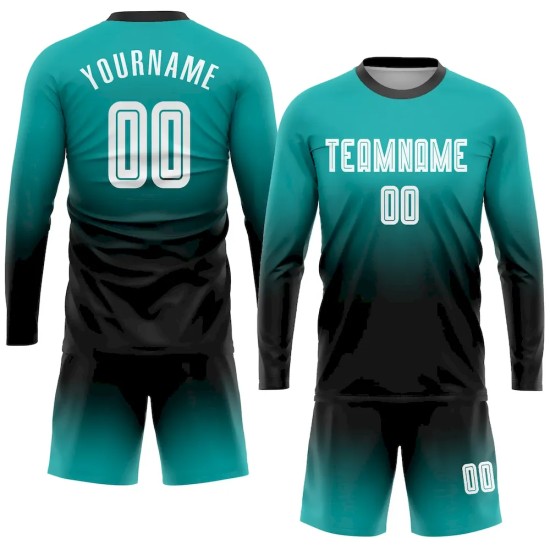 Custom Aqua White-Black Sublimation Long Sleeve Fade Fashion Soccer Uniform Jersey Custom Aqua White-Black Sublimation Long Sleeve Fade Fashion Soccer Uniform Jersey