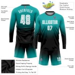 Custom Aqua White-Black Sublimation Long Sleeve Fade Fashion Soccer Uniform Jersey Custom Aqua White-Black Sublimation Long Sleeve Fade Fashion Soccer Uniform Jersey