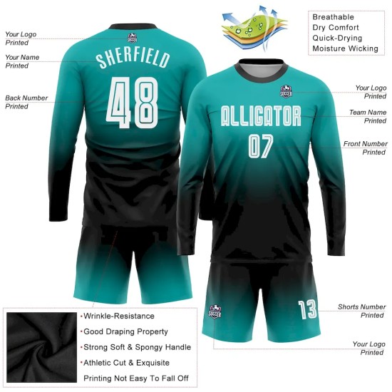 Custom Aqua White-Black Sublimation Long Sleeve Fade Fashion Soccer Uniform Jersey Custom Aqua White-Black Sublimation Long Sleeve Fade Fashion Soccer Uniform Jersey