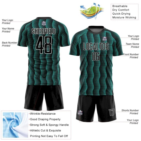 Custom Black Aqua-White Geometric Shape Sublimation Soccer Uniform Jersey Custom Black Aqua-White Geometric Shape Sublimation Soccer Uniform Jersey