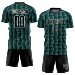 Custom Black Aqua-White Geometric Shape Sublimation Soccer Uniform Jersey Custom Black Aqua-White Geometric Shape Sublimation Soccer Uniform Jersey