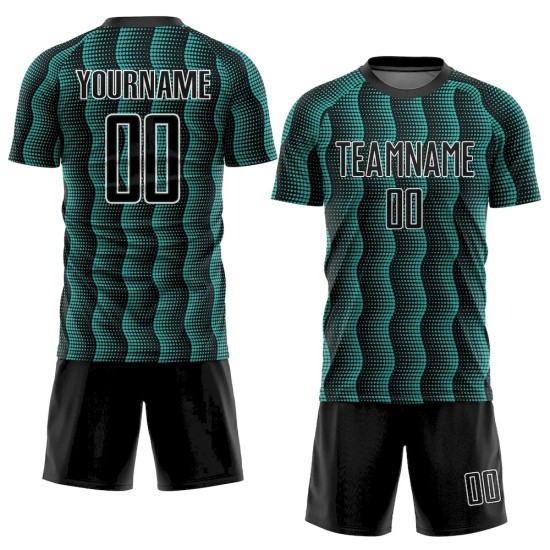 Custom Black Aqua-White Geometric Shape Sublimation Soccer Uniform Jersey Custom Black Aqua-White Geometric Shape Sublimation Soccer Uniform Jersey