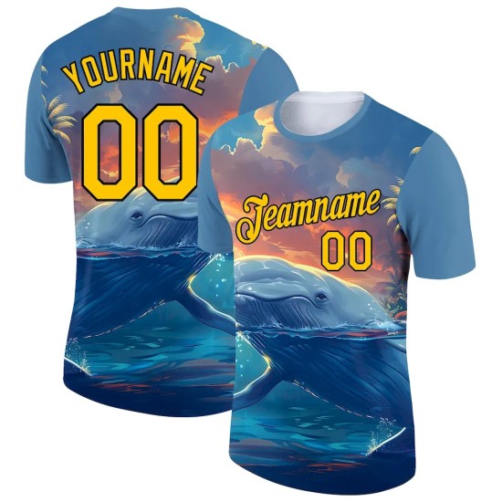 Custom Shadow Blue Gold-White 3D Pattern Design Extreme Sport Marine Aquatic Animal Whale Performance T-Shirt Custom Shadow Blue Gold-White 3D Pattern Design Extreme Sport Marine Aquatic Animal Whale Performance T-Shirt