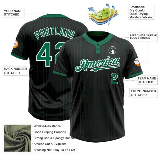 Custom Black Kelly Green Pinstripe White Two-Button Unisex Softball Jersey Custom Black Kelly Green Pinstripe White Two-Button Unisex Softball Jersey