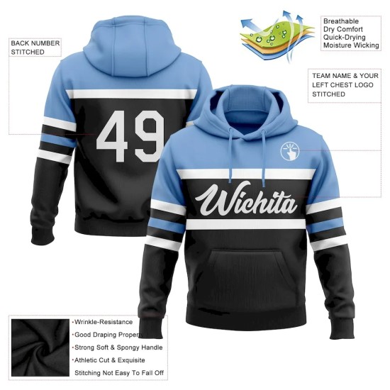 Custom Stitched Black White-Light Blue Line Sports Pullover Sweatshirt Hoodie Custom Stitched Black White-Light Blue Line Sports Pullover Sweatshirt Hoodie
